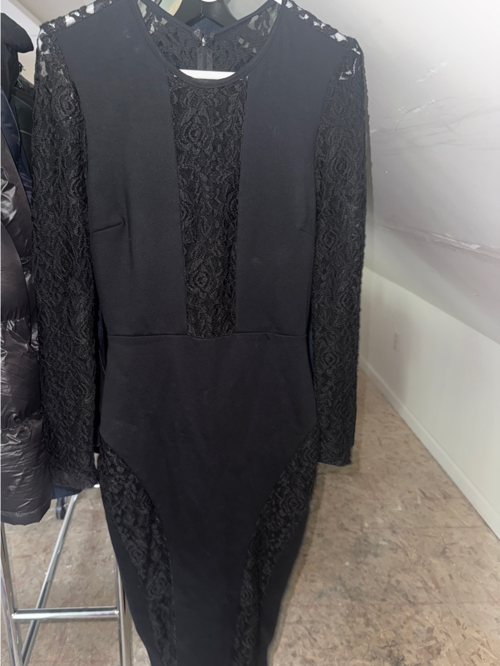 Black Lace Panel Long Sleeve Bodycon Dress